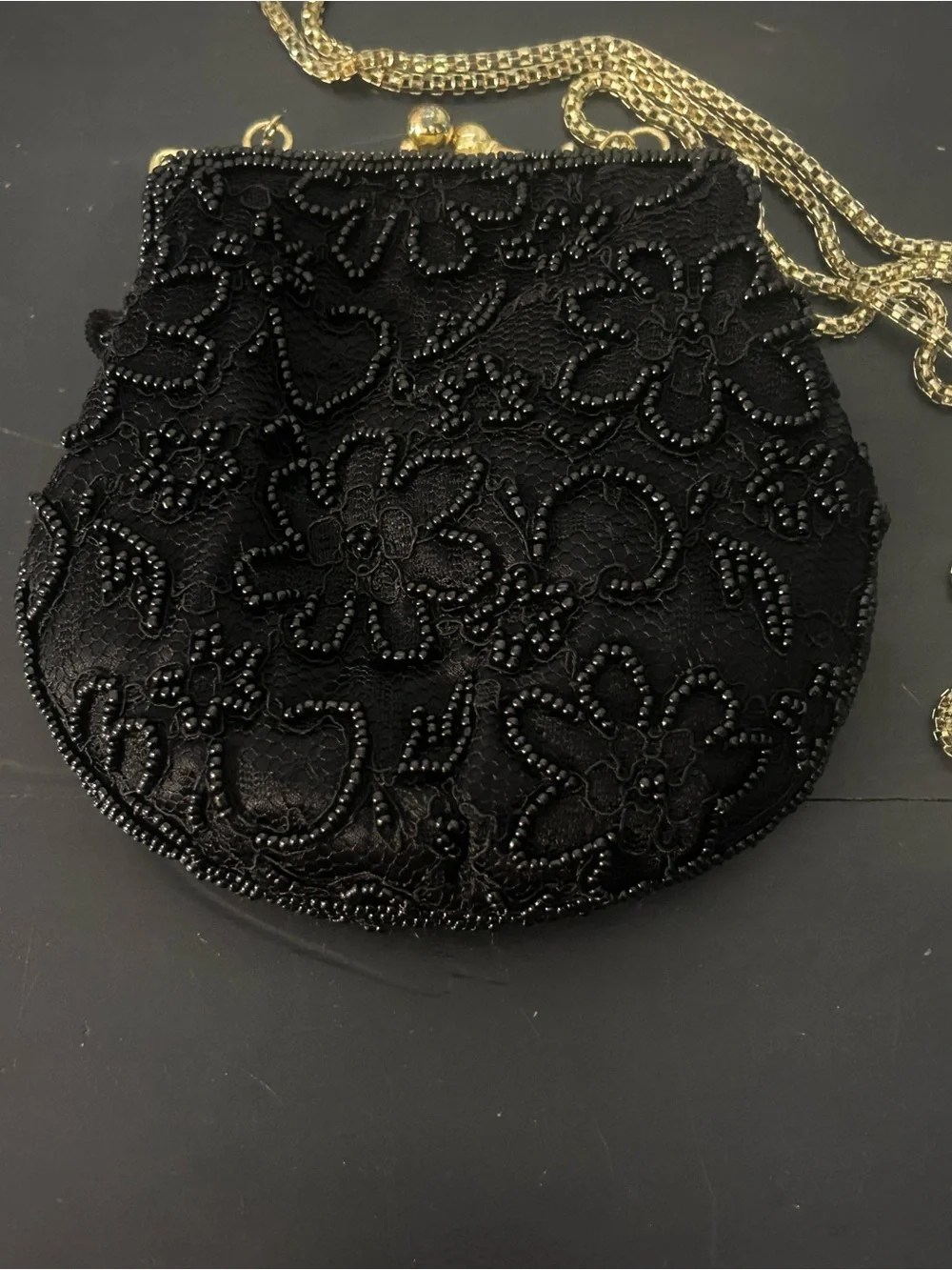 Vintage Regale Ltd Black Beaded Floral Evening Bag Kiss Lock Gold Chain Purse